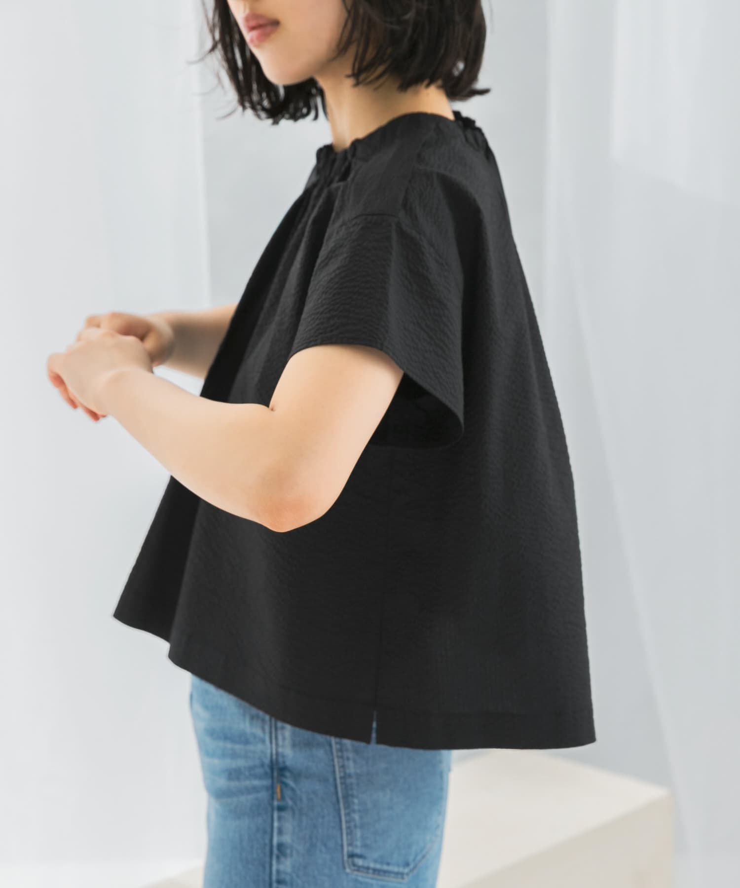 URBAN RESEARCH ROSSO「シアサッカーショートギャザーブラウス」|シャツ・ブラウス|