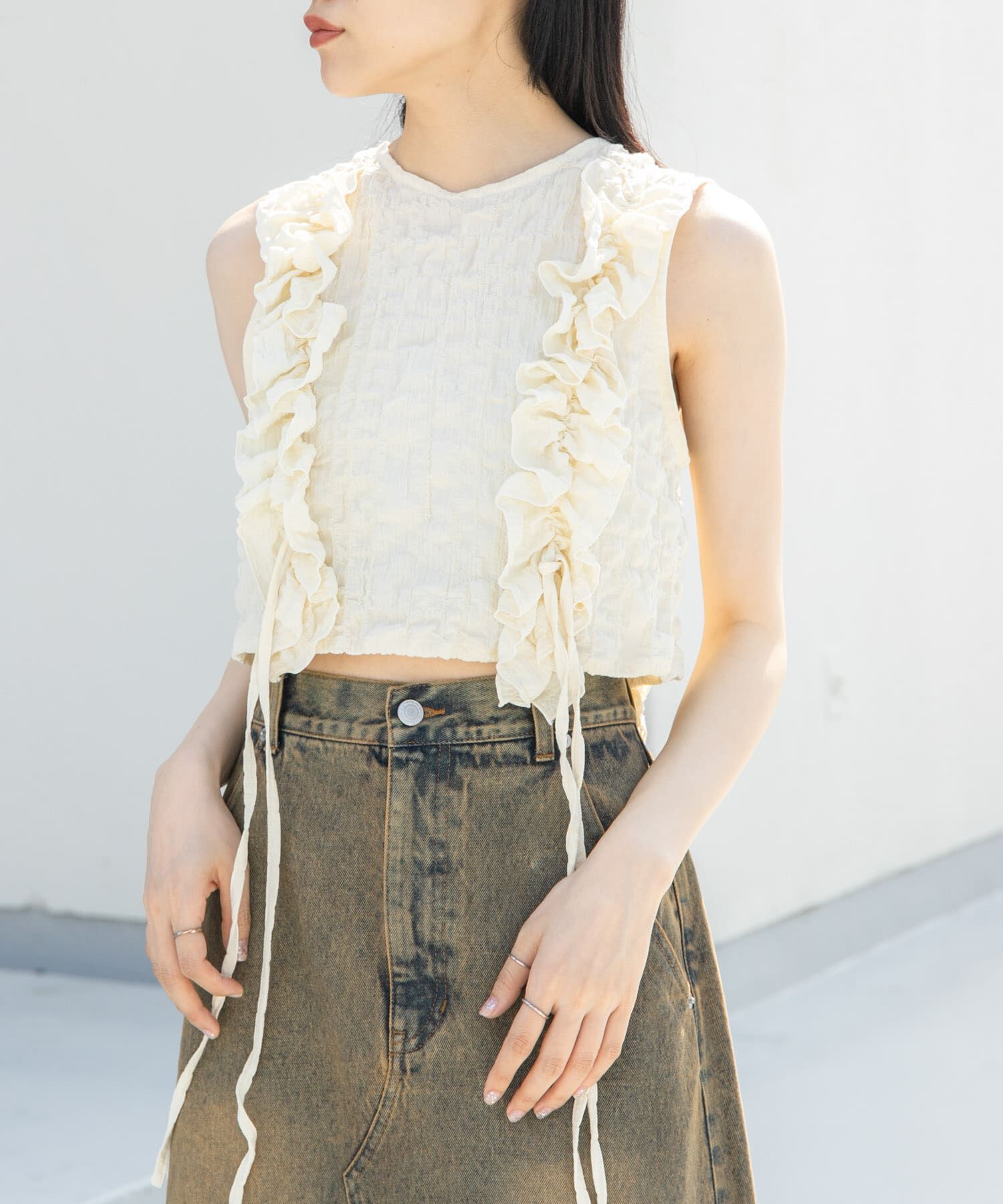  「2WAYフリルノースリーブトップス」|ベスト・ジレ|アイボリー