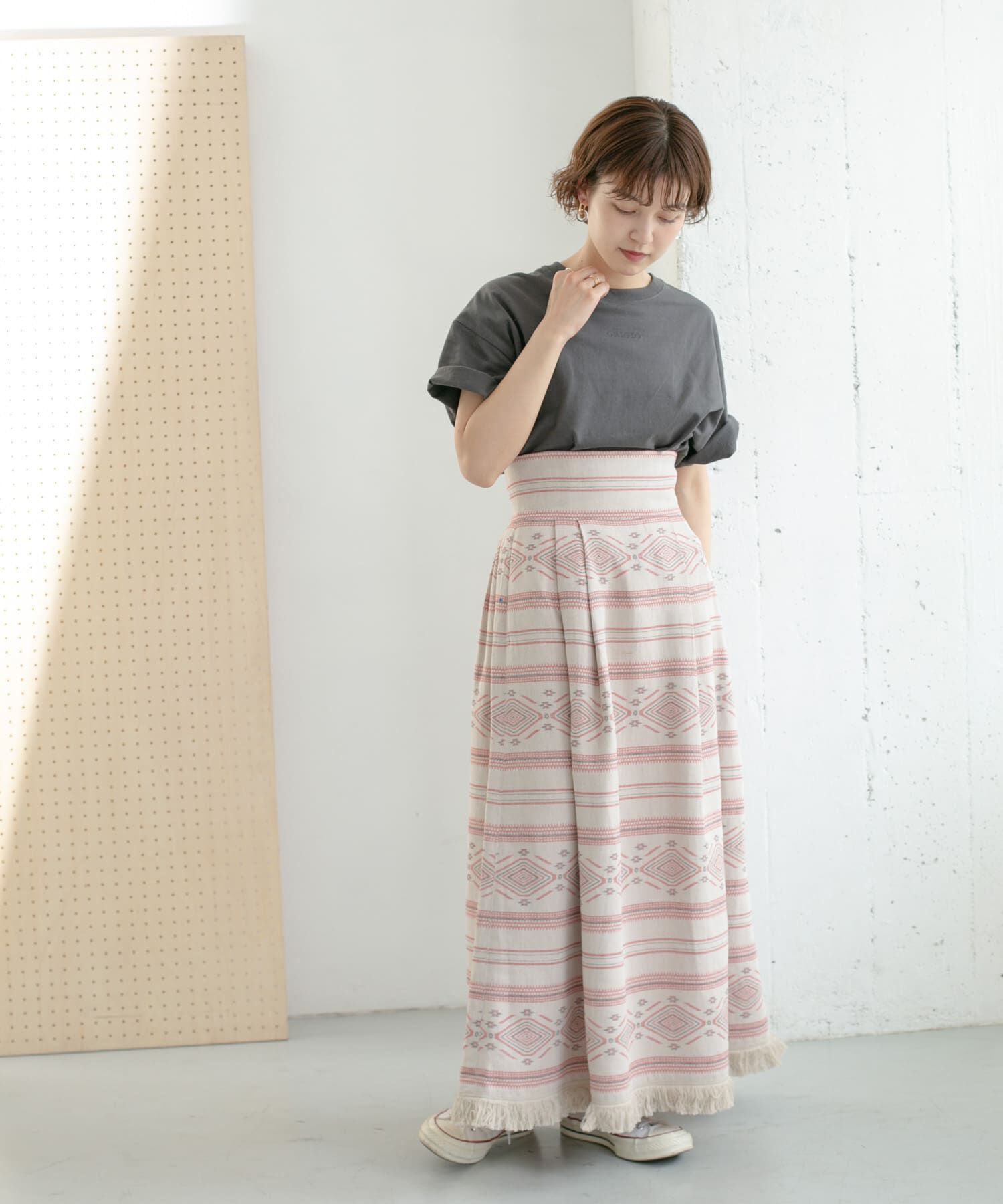  「エスニック柄ボリュームスカート」|スカート|レッド