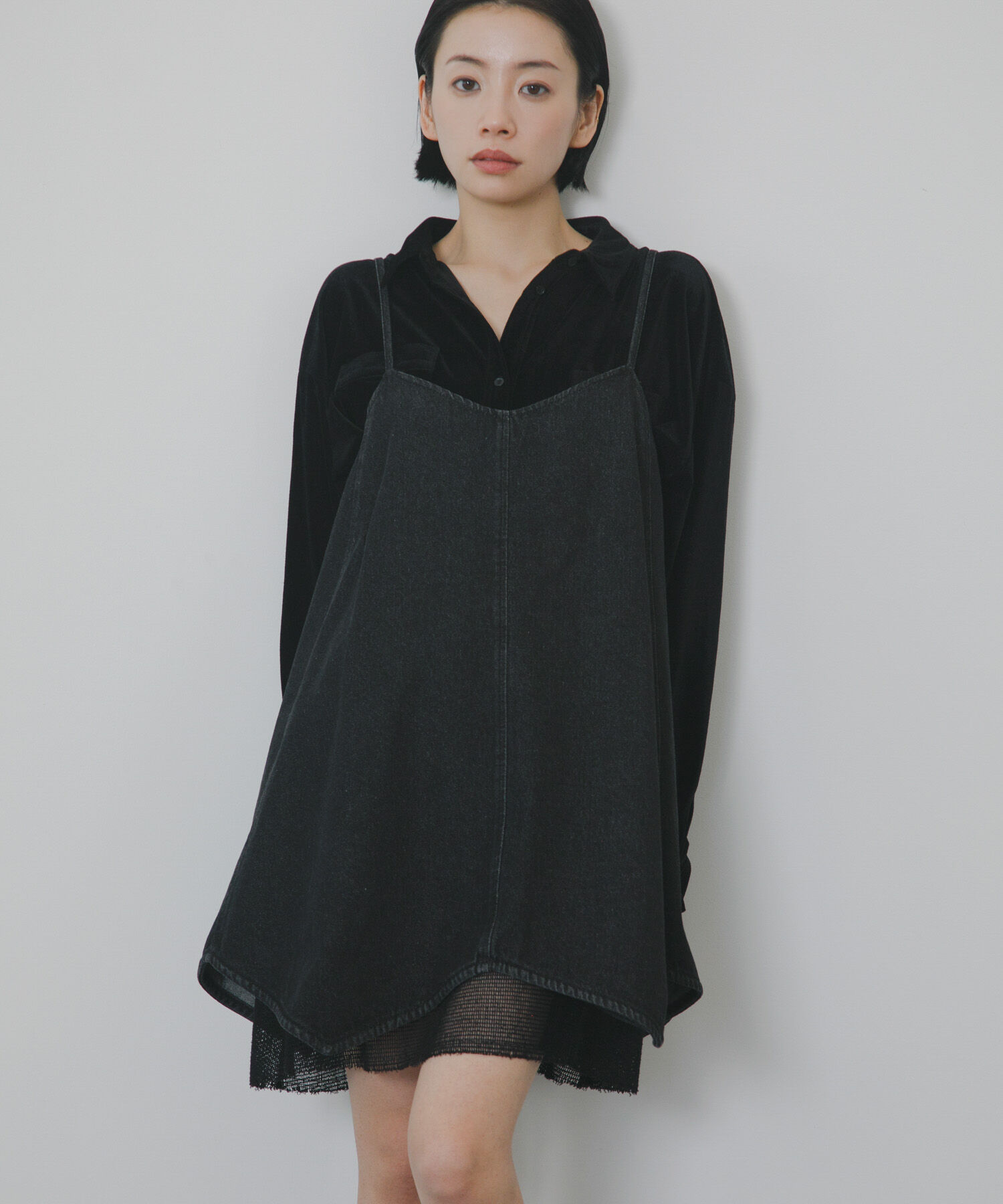  「メッシュレイヤードデニムキャミワンピース」|ワンピース|ブラック