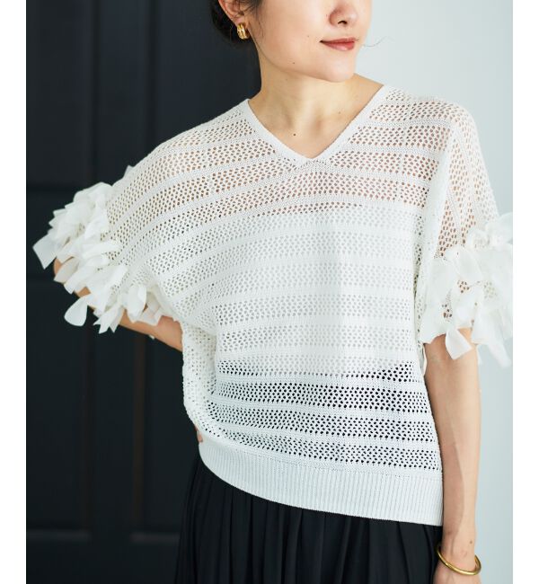  「透かし編みリボンVネックフレンチ」|ニット・セーター|