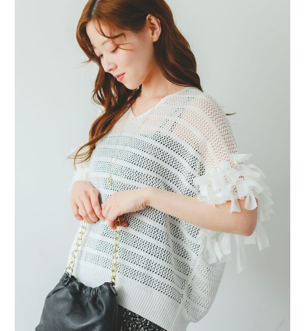  「透かし編みリボンVネックフレンチ」|ニット・セーター|