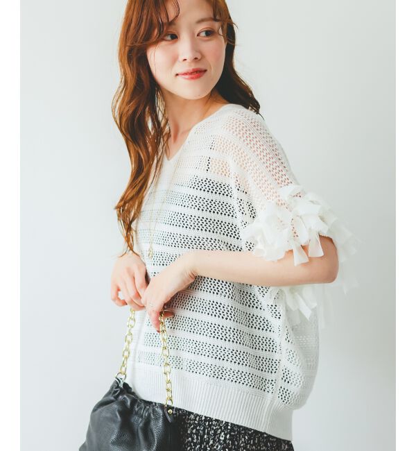  「透かし編みリボンVネックフレンチ」|ニット・セーター|