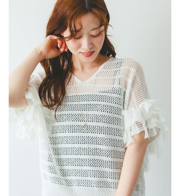  「透かし編みリボンVネックフレンチ」|ニット・セーター|