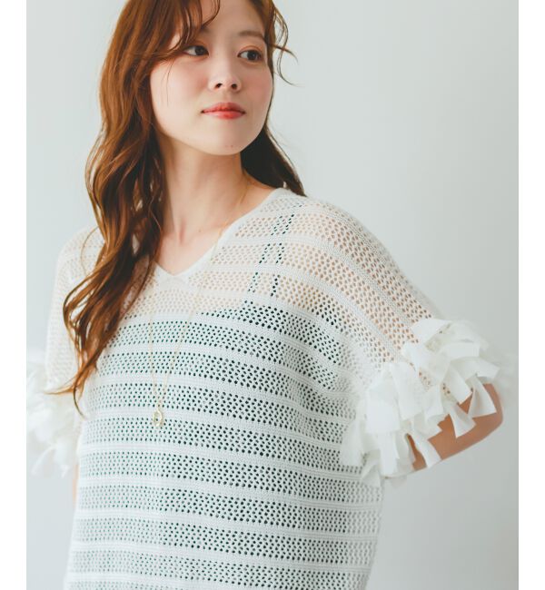 「透かし編みリボンVネックフレンチ」|ニット・セーター|