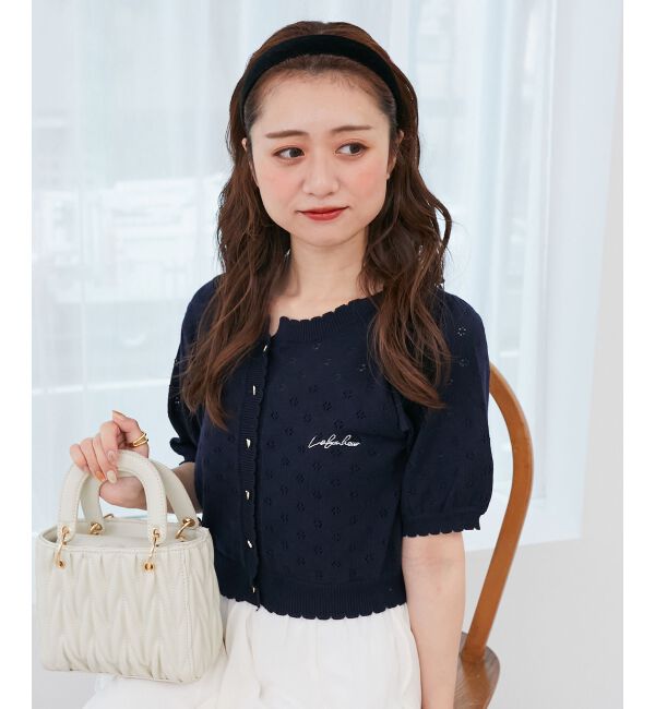  「キャミセットフラワーアイレットクルーカーデ」|カーディガン|ネイビー