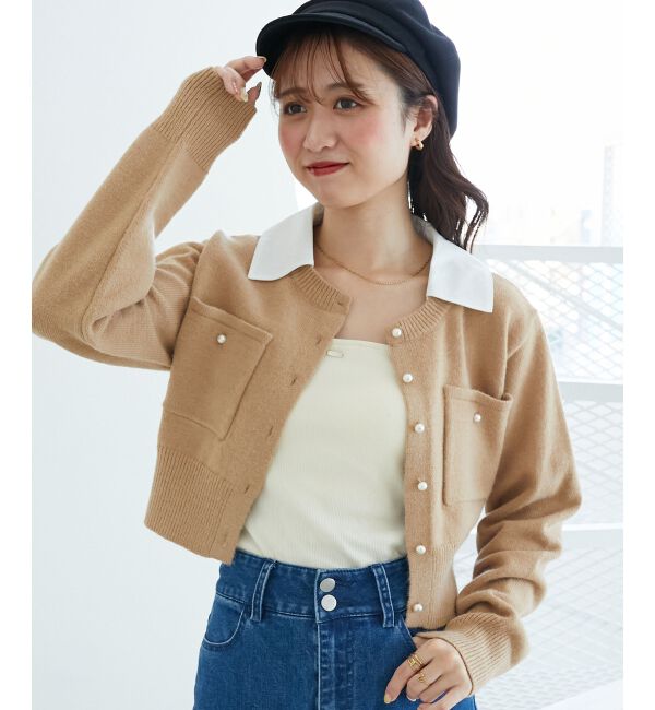 「取り外し襟付きニットカーデ」|カーディガン|キャメル