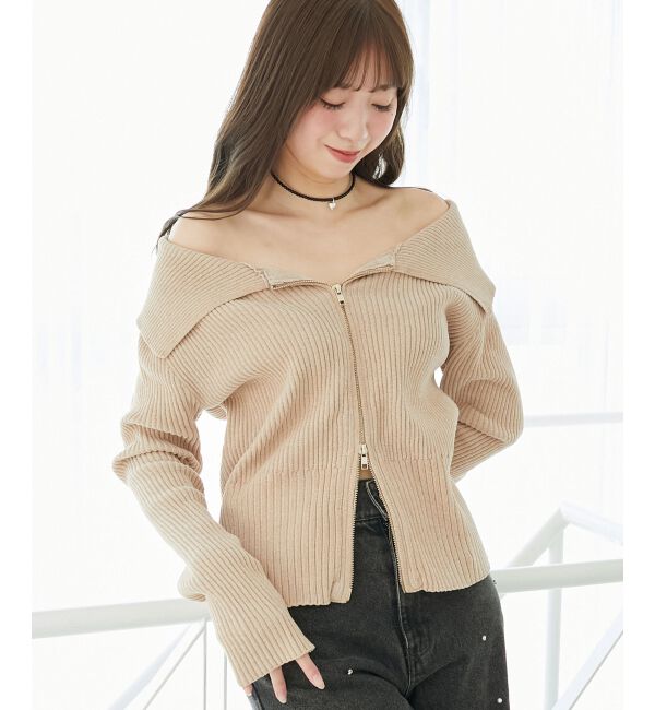  「キラキラモールダブルジップニット」|ニット・セーター|ピンクベージュ