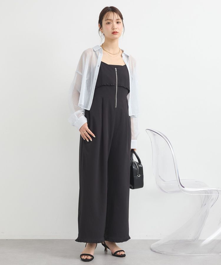 earth music&ecology「ミニフリルフロントジップロンパース」|オールインワン|Black