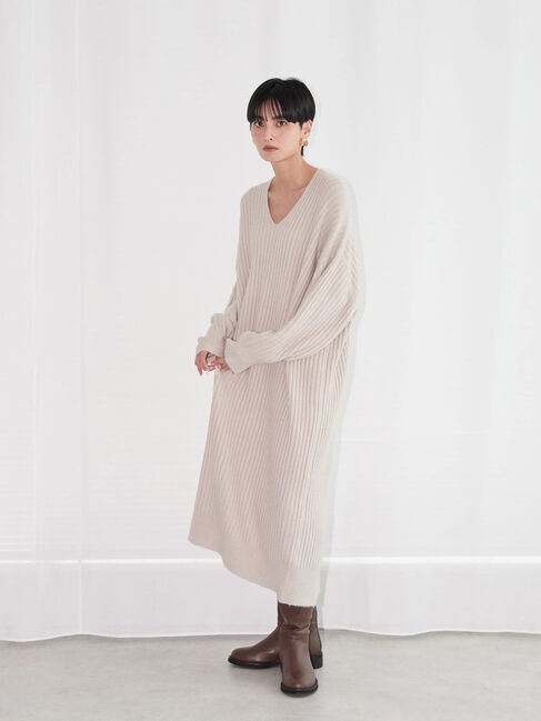  「抜け衿Vネックワイドリブワンピース」|ワンピース|ライトグレー