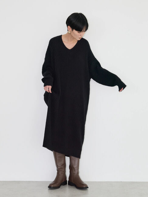  「抜け衿Vネックワイドリブワンピース」|ワンピース|ブラック