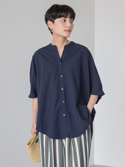 AMERICAN HOLIC「接触冷感+UVカット　ギャザースリーブブラウス」|シャツ・ブラウス|Navy