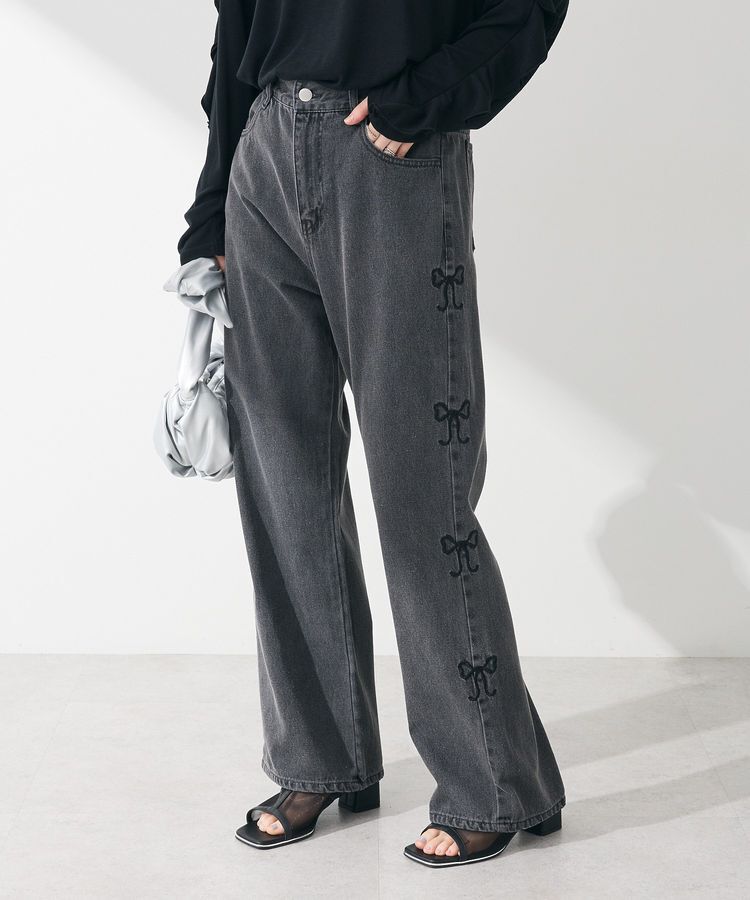Green Parks「・DOUBLE FLAGS サイドリボン刺繍デニム」|デニム|Black