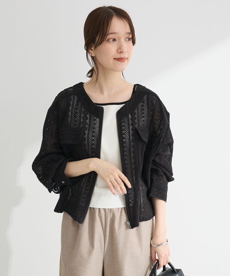 Green Parks「インド綿 レースシャツブルゾン」|カーディガン|Black