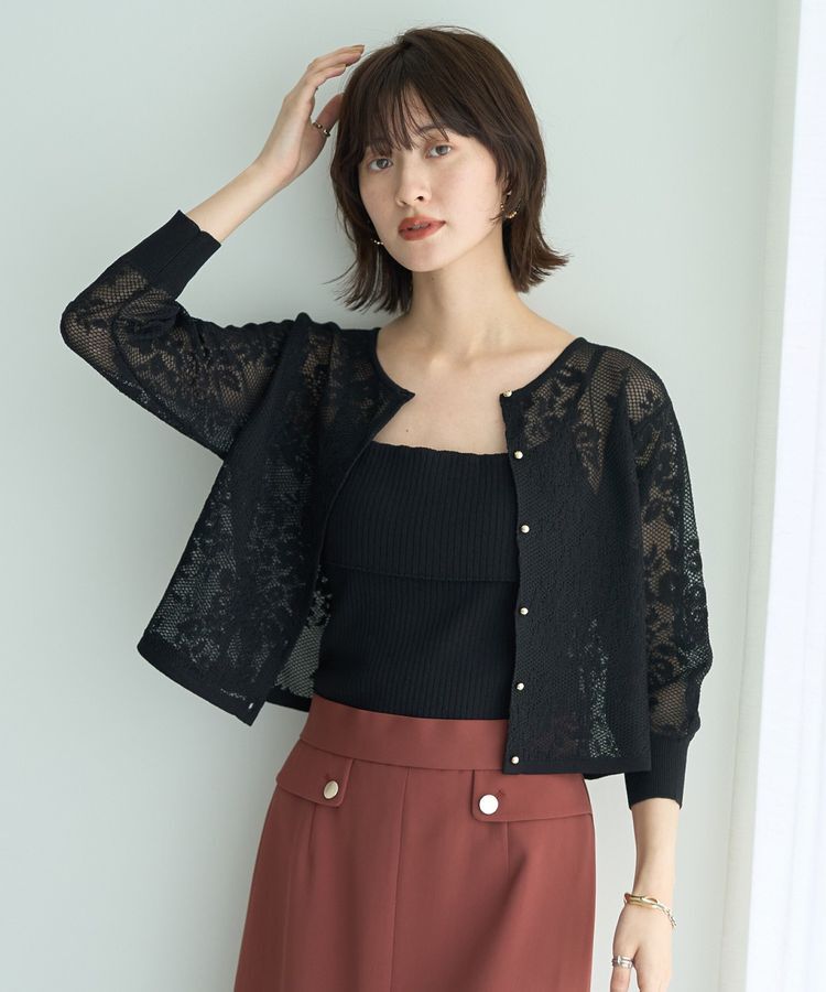 YECCA VECCA「【2点SET】インナーセットレース柄カーディガン」|カーディガン|Black