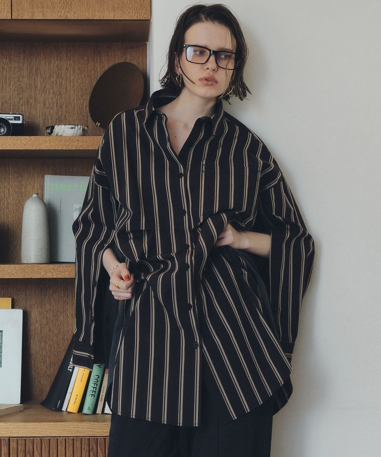 Editt by YECCA VECCA「2way袖デザインロングシャツ」|シャツ・ブラウス|ストライプブラック