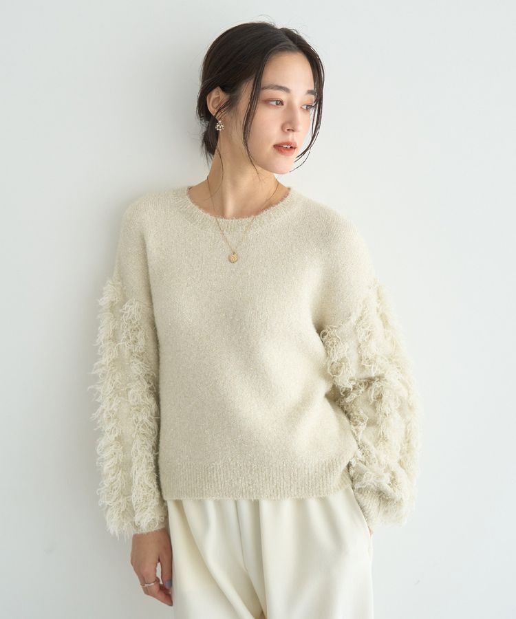 YECCA VECCA「ラメフェザー袖フリンジニット」|ニット・セーター|Ivory