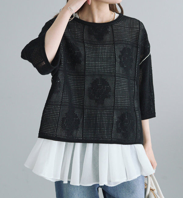  「配色透かし編みプルオーバー」|ニット・セーター|ブラック