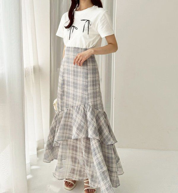  「ランダムフリルロングスカート/スリット入り」|スカート|