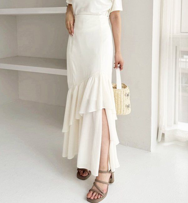  「ランダムフリルロングスカート/スリット入り」|スカート|アイボリー