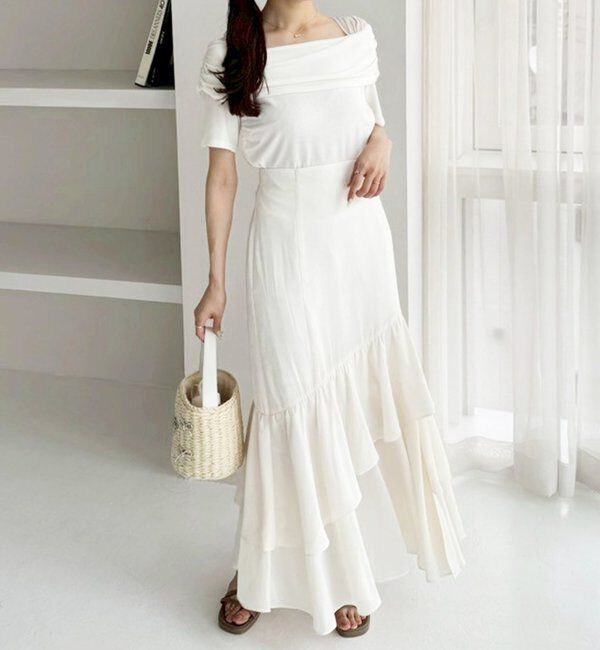  「ランダムフリルロングスカート/スリット入り」|スカート|