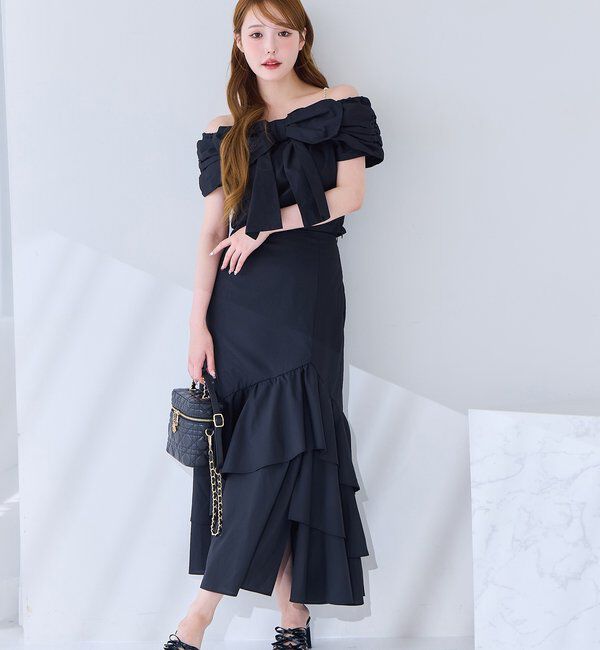  「ランダムフリルロングスカート/スリット入り」|スカート|ブラック