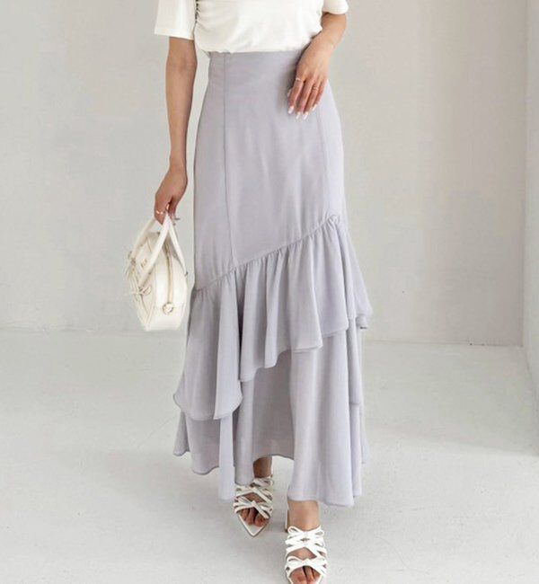 「ランダムフリルロングスカート/スリット入り」|スカート|サックスブルー