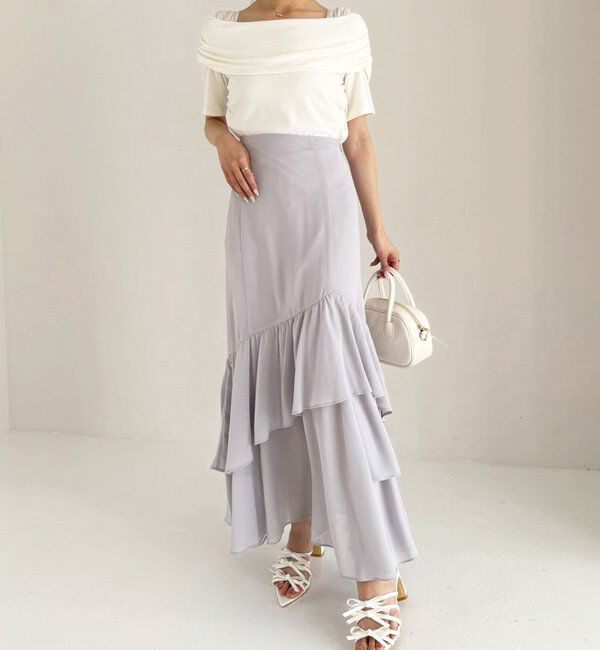  「ランダムフリルロングスカート/スリット入り」|スカート|