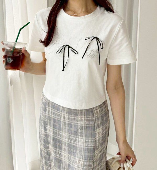  「ビジューロゴ＆リボンTシャツ」|プルオーバー|