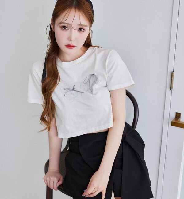  「ビジューロゴ＆リボンTシャツ」|プルオーバー|