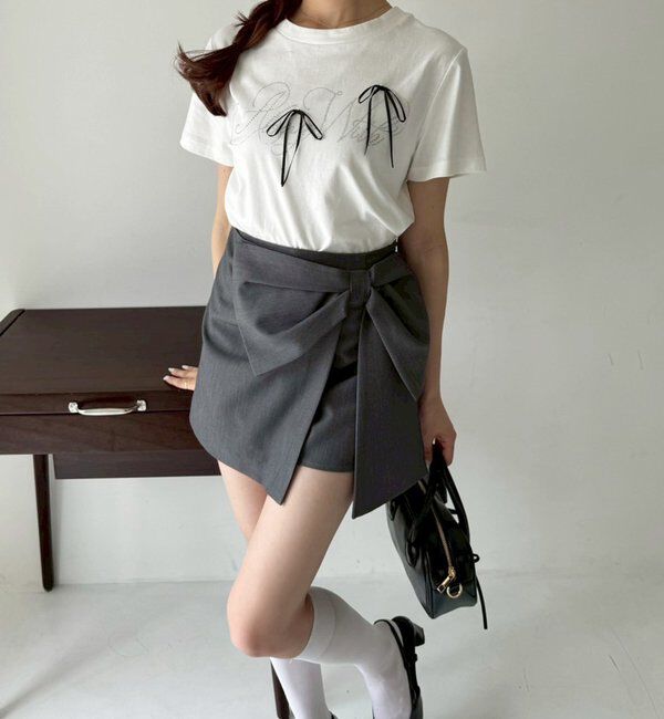  「ビジューロゴ＆リボンTシャツ」|プルオーバー|