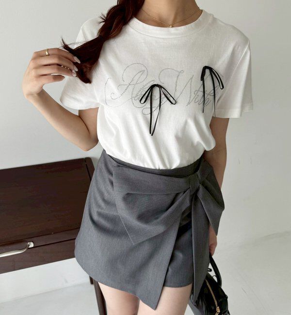  「ビジューロゴ＆リボンTシャツ」|プルオーバー|