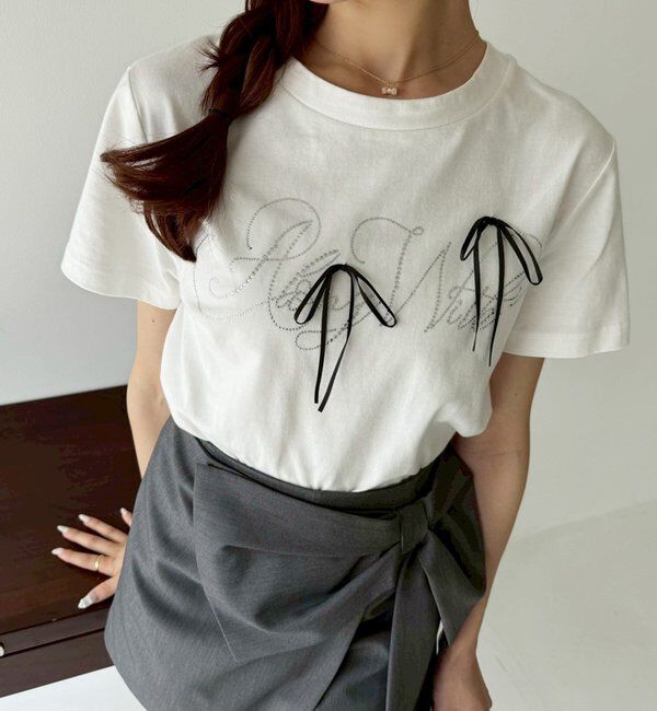  「ビジューロゴ＆リボンTシャツ」|プルオーバー|