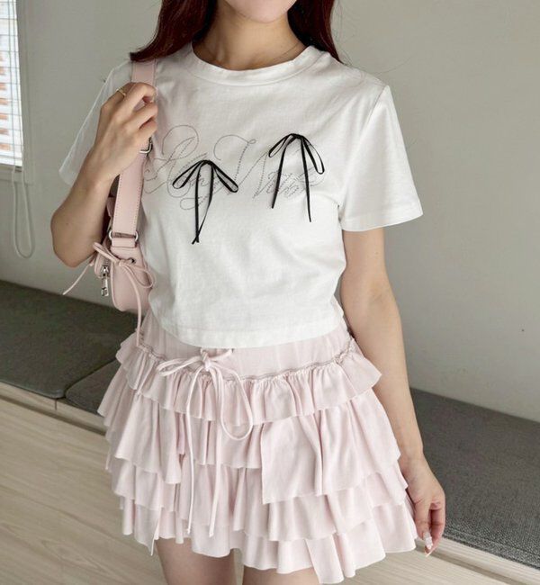  「ビジューロゴ＆リボンTシャツ」|プルオーバー|