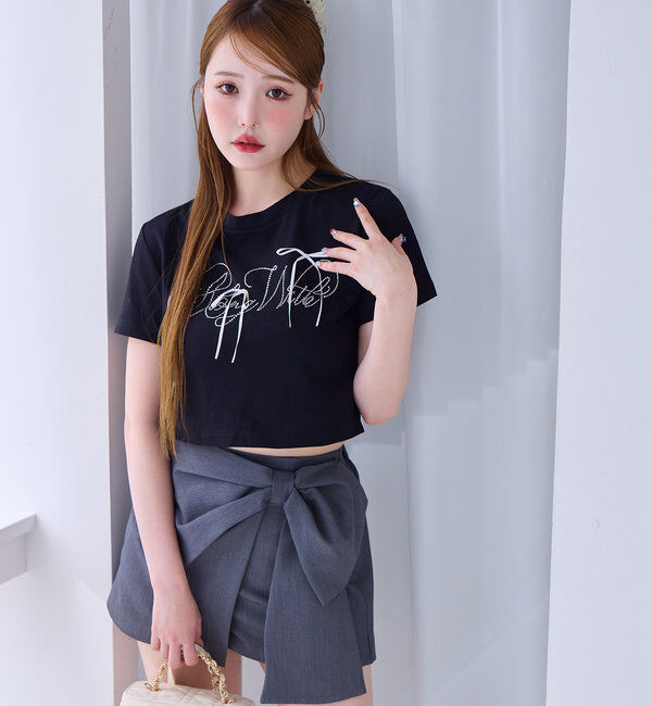  「ビジューロゴ＆リボンTシャツ」|プルオーバー|