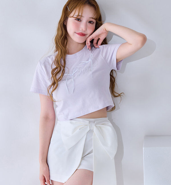  「ビジューロゴ＆リボンTシャツ」|プルオーバー|