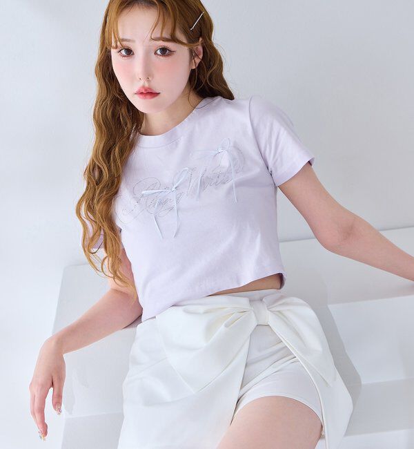  「ビジューロゴ＆リボンTシャツ」|プルオーバー|