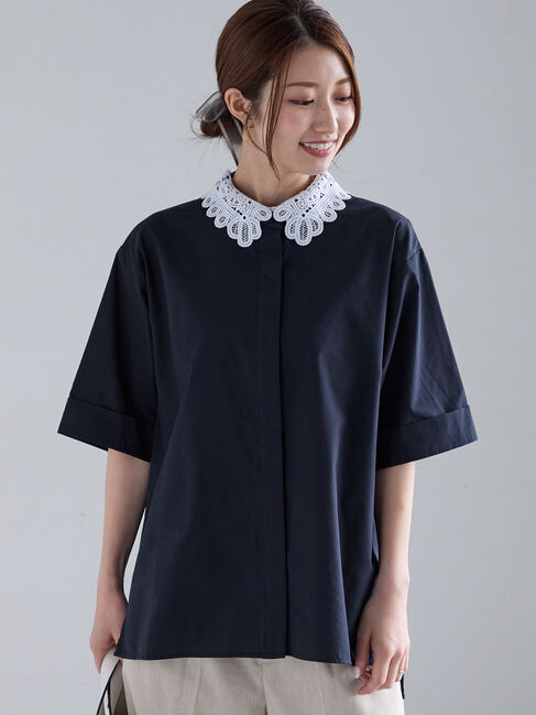 Te chichi「レースカラー5分袖シャツブラウス」|シャツ・ブラウス|ネイビー