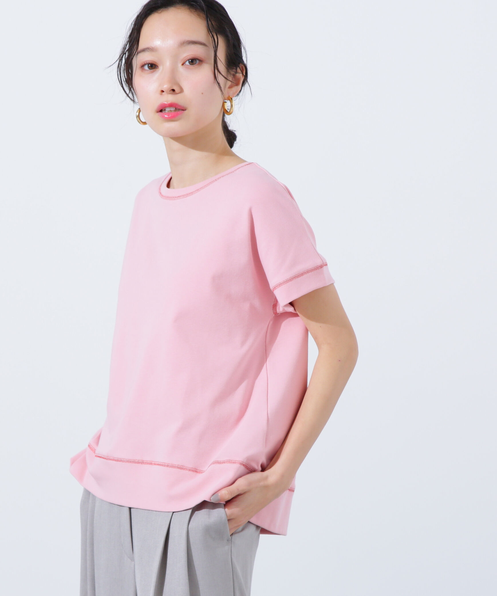  「ステッチ半袖Tシャツ」|Tシャツ・カットソー|ピンク