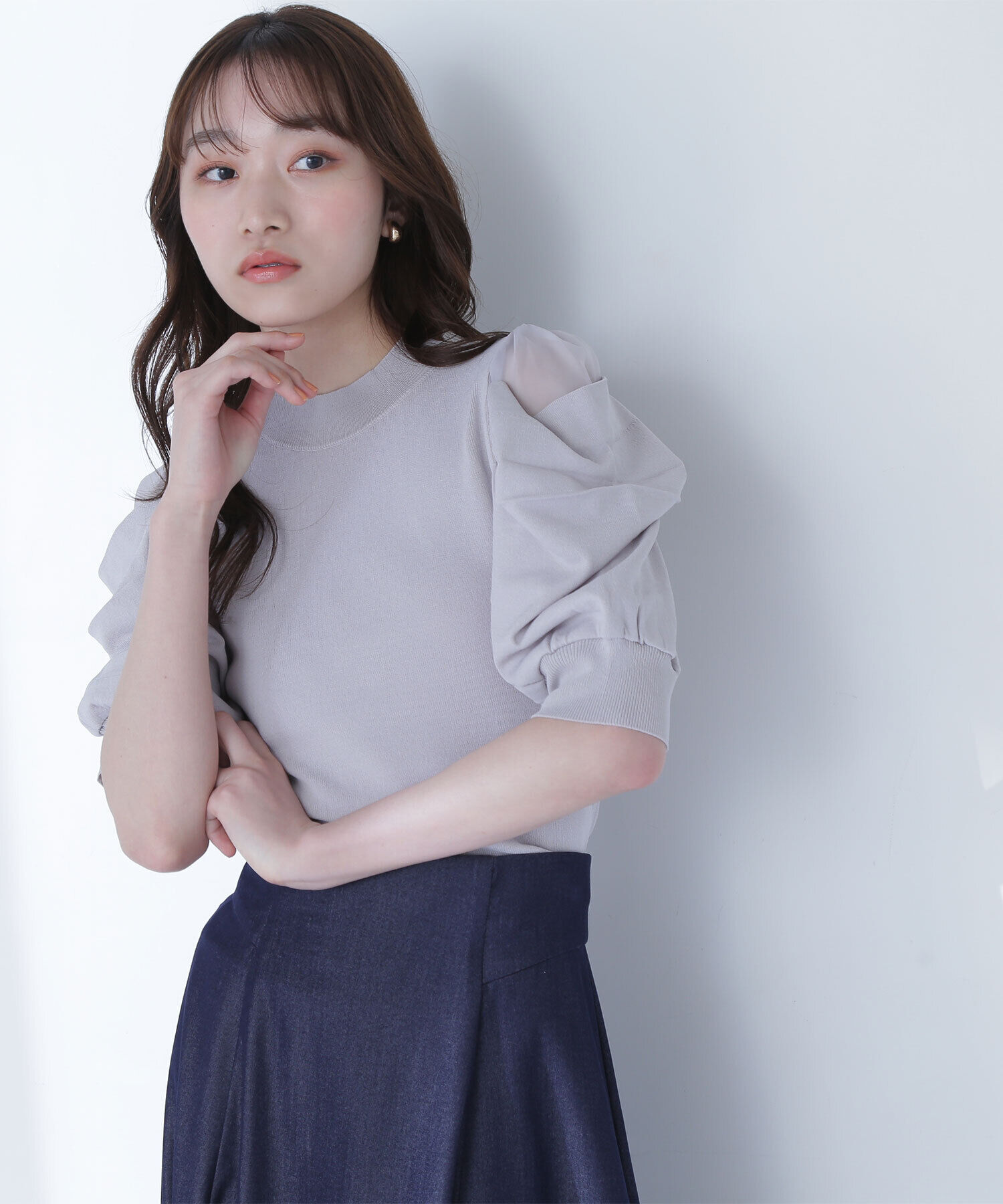  「シアースリットドレープスリーブニット」|ニット・セーター|グレー