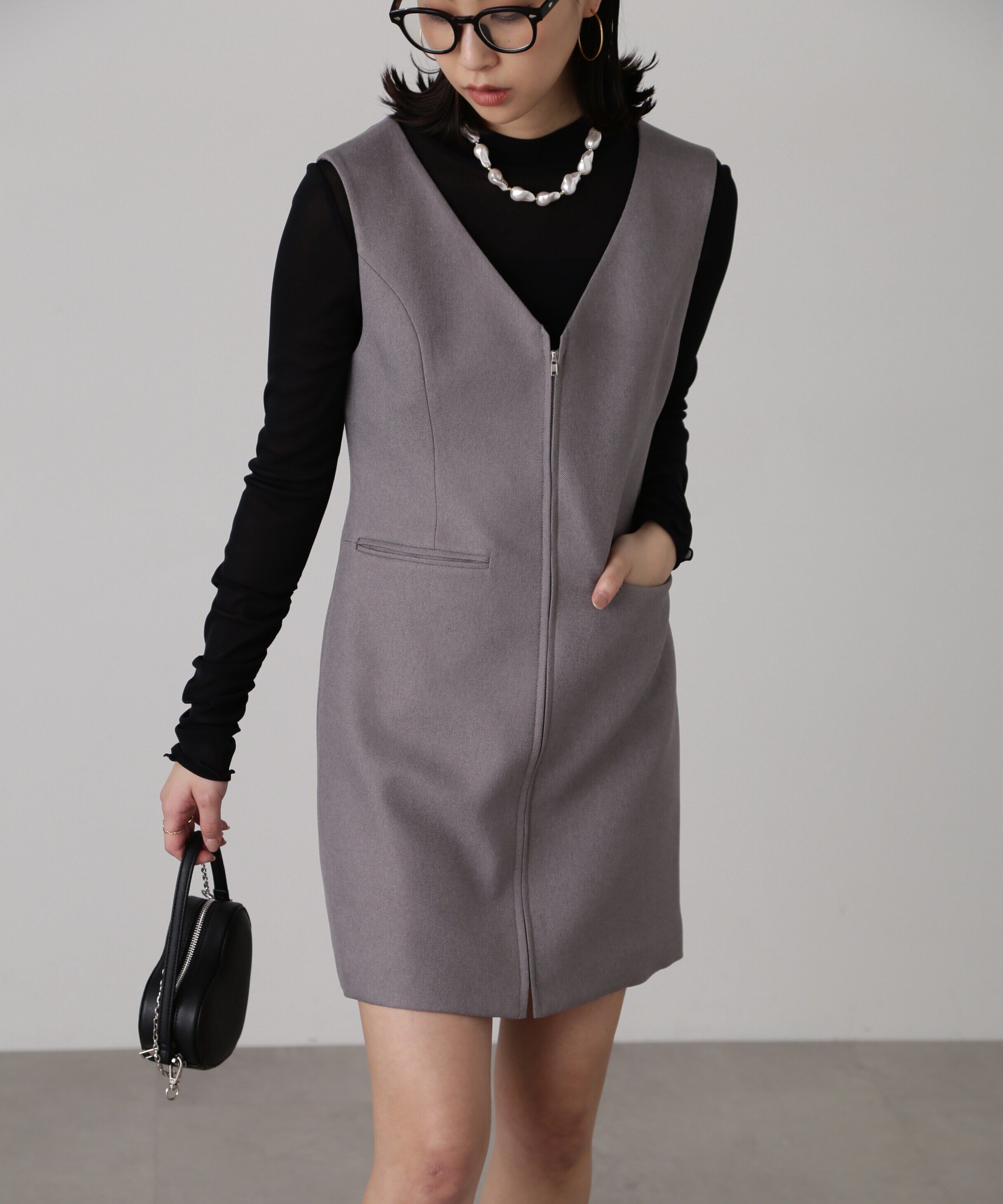  「ジップ使いミニジャンスカ」|ワンピース|グレー