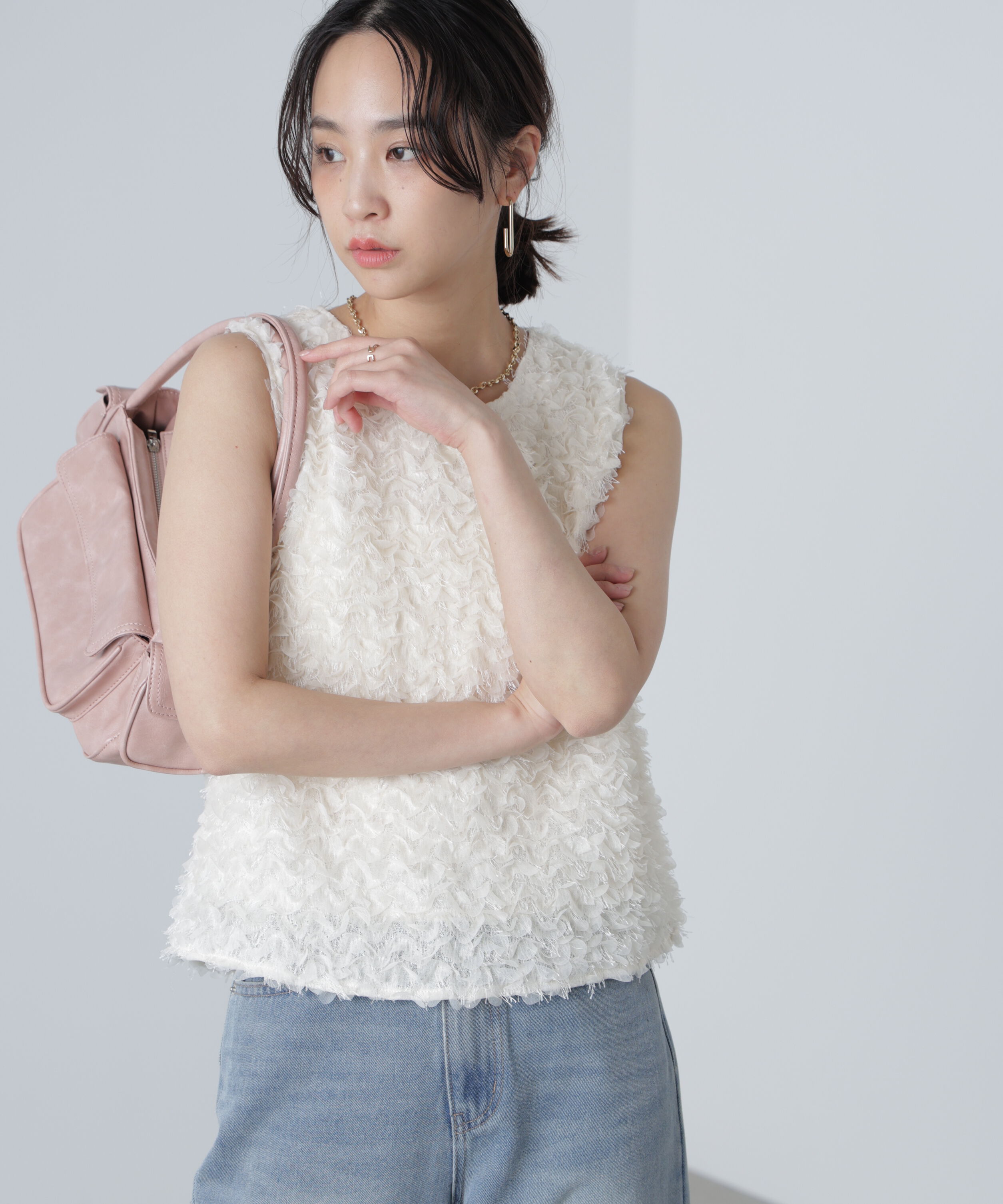  「シャギーフリルノースリーブブラウス」|シャツ・ブラウス|オフ