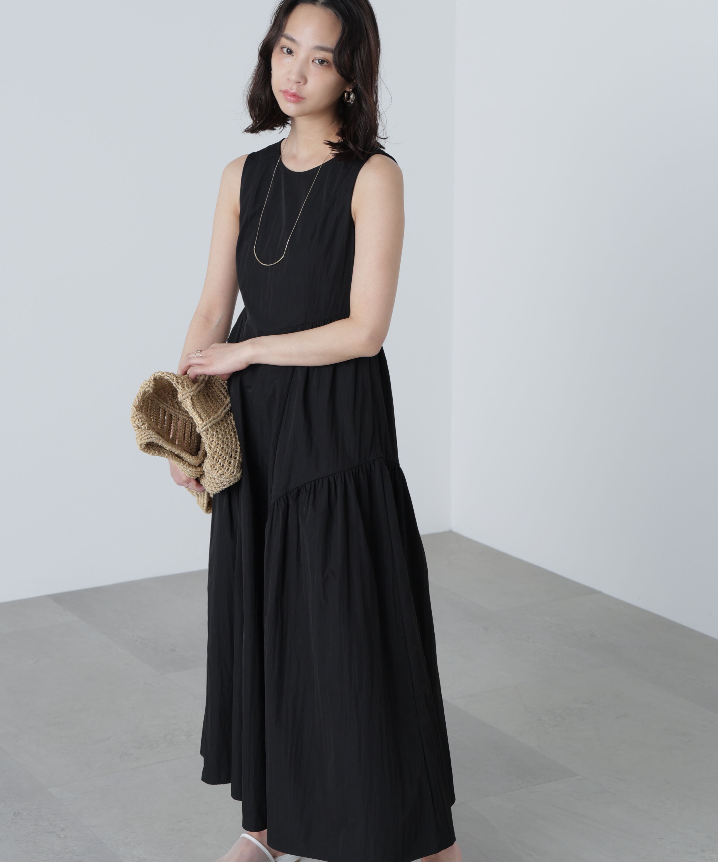  「タイプライターギャザーマキシワンピース」|ワンピース|ブラック