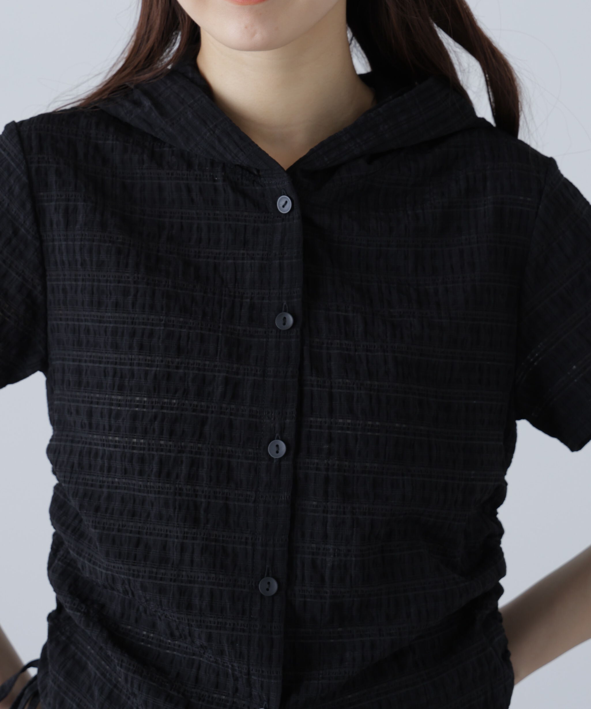  「シアーチェック短丈フードブラウス」|シャツ・ブラウス|