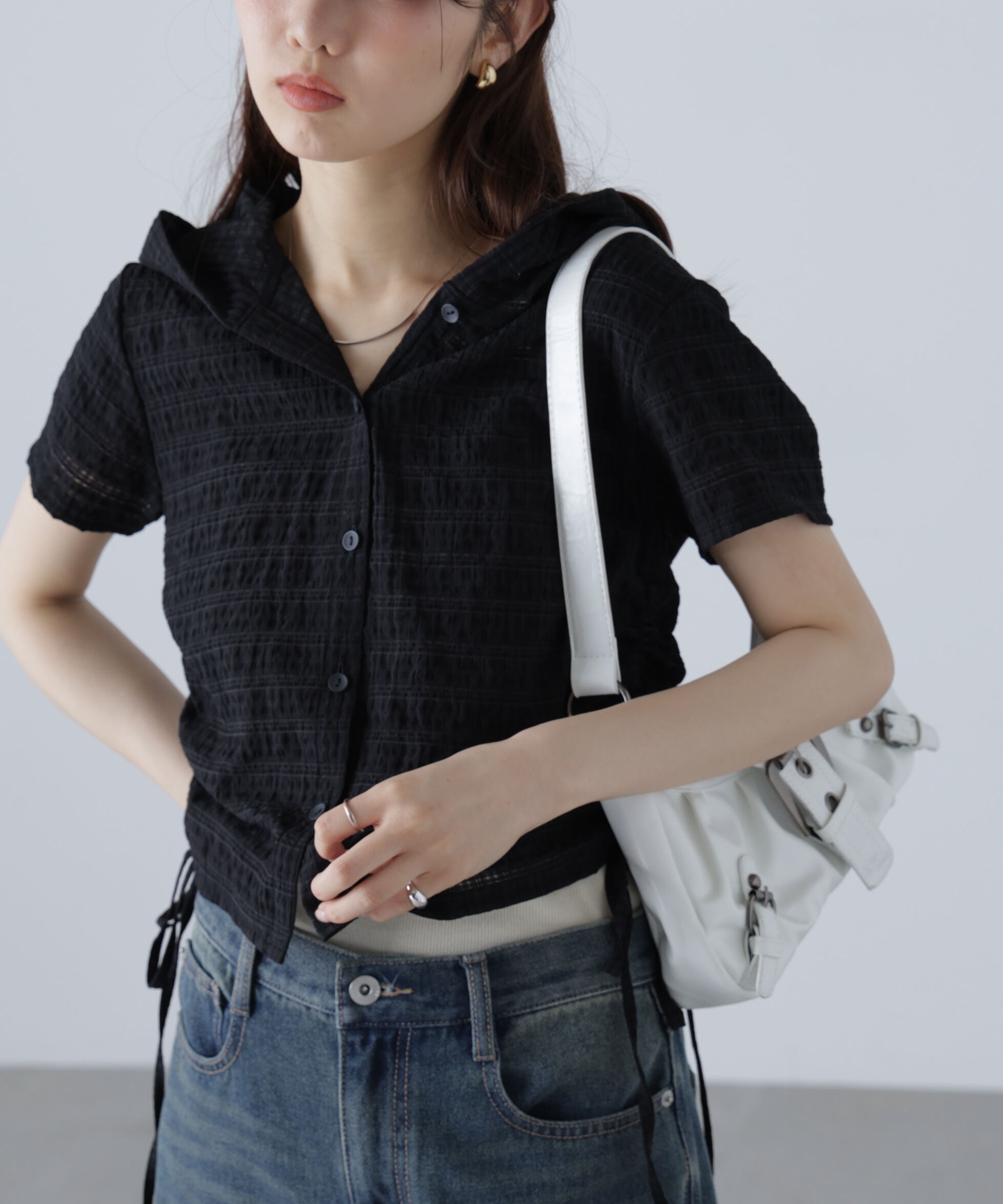  「シアーチェック短丈フードブラウス」|シャツ・ブラウス|