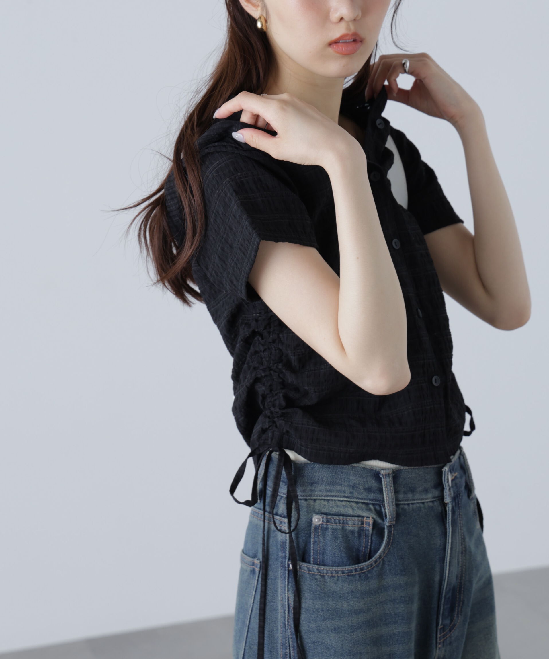  「シアーチェック短丈フードブラウス」|シャツ・ブラウス|