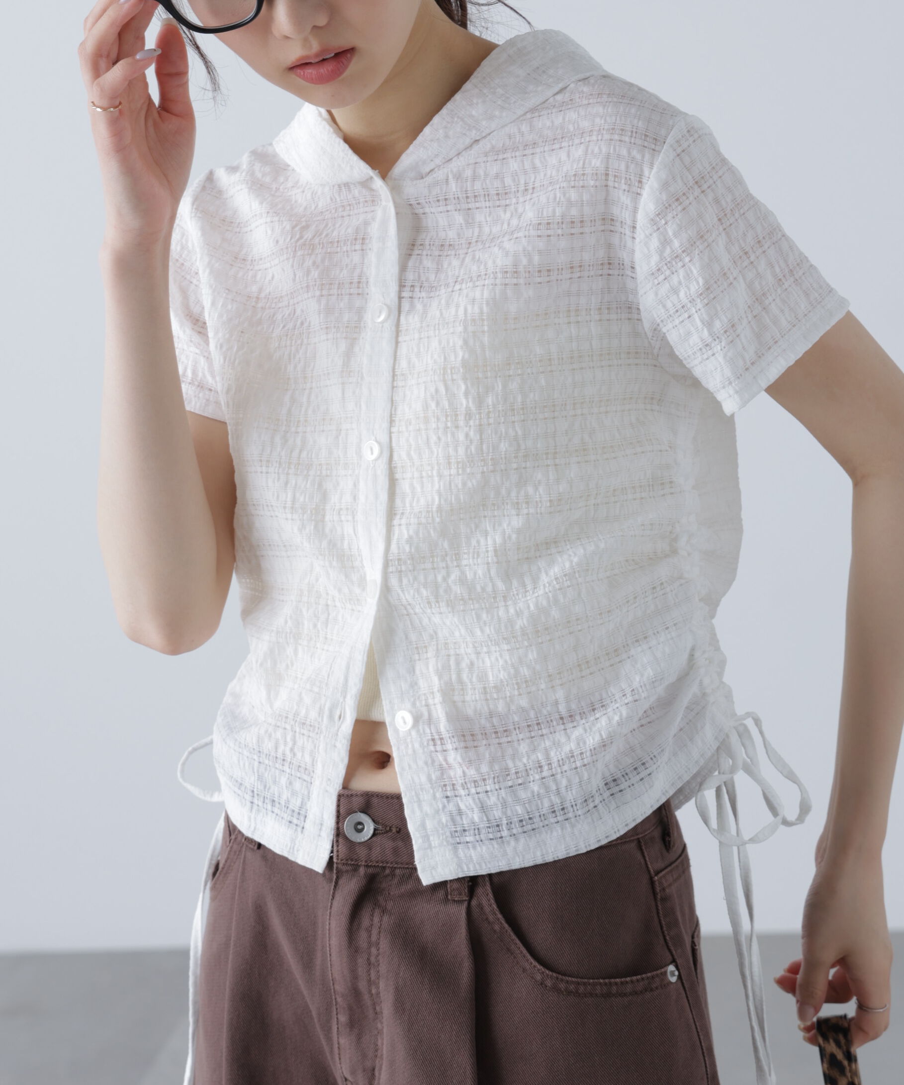  「シアーチェック短丈フードブラウス」|シャツ・ブラウス|