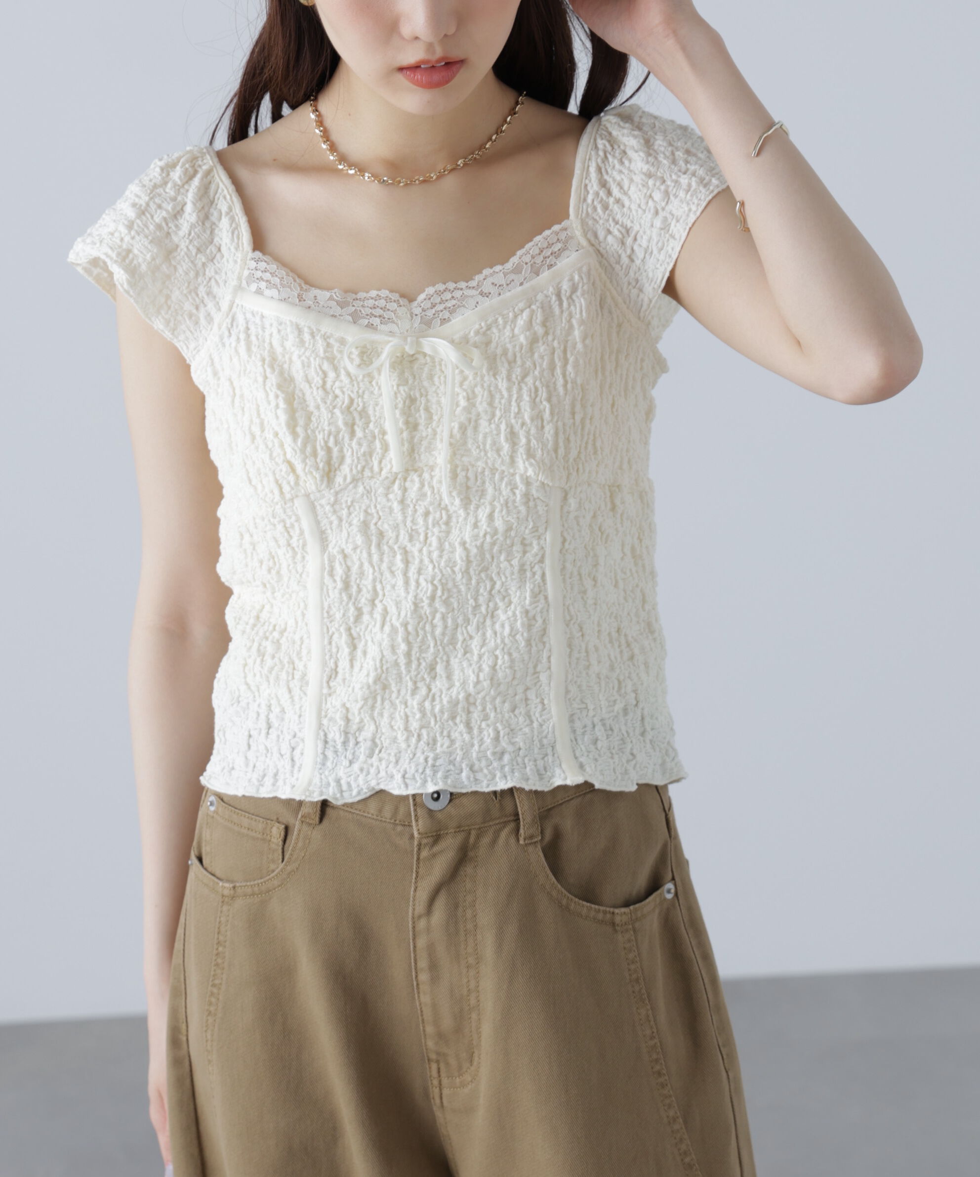  「レーストリムカットジャガードカットソー」|Tシャツ・カットソー|