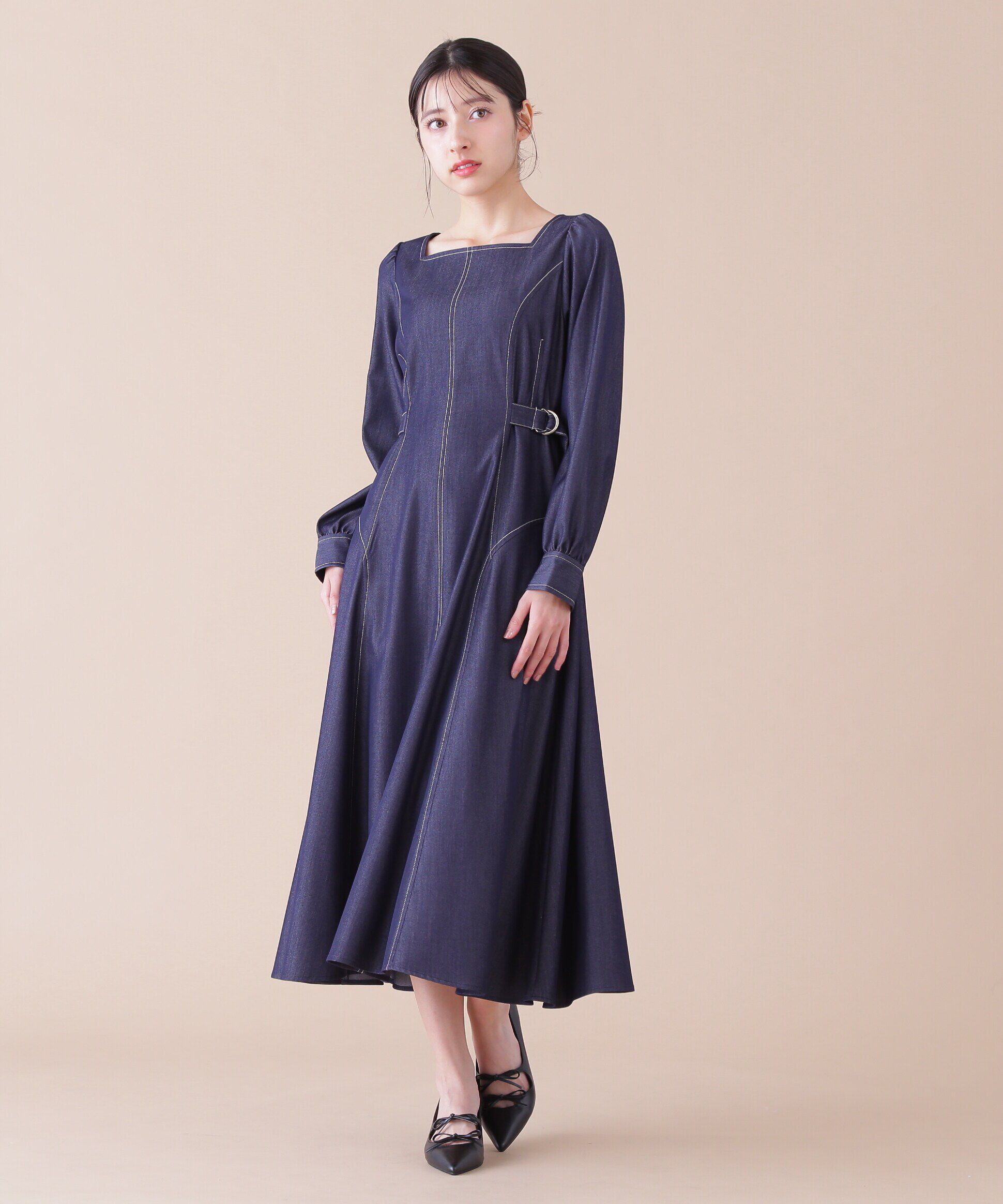  「バイカラーステッチフレアーワンピース」|ワンピース|