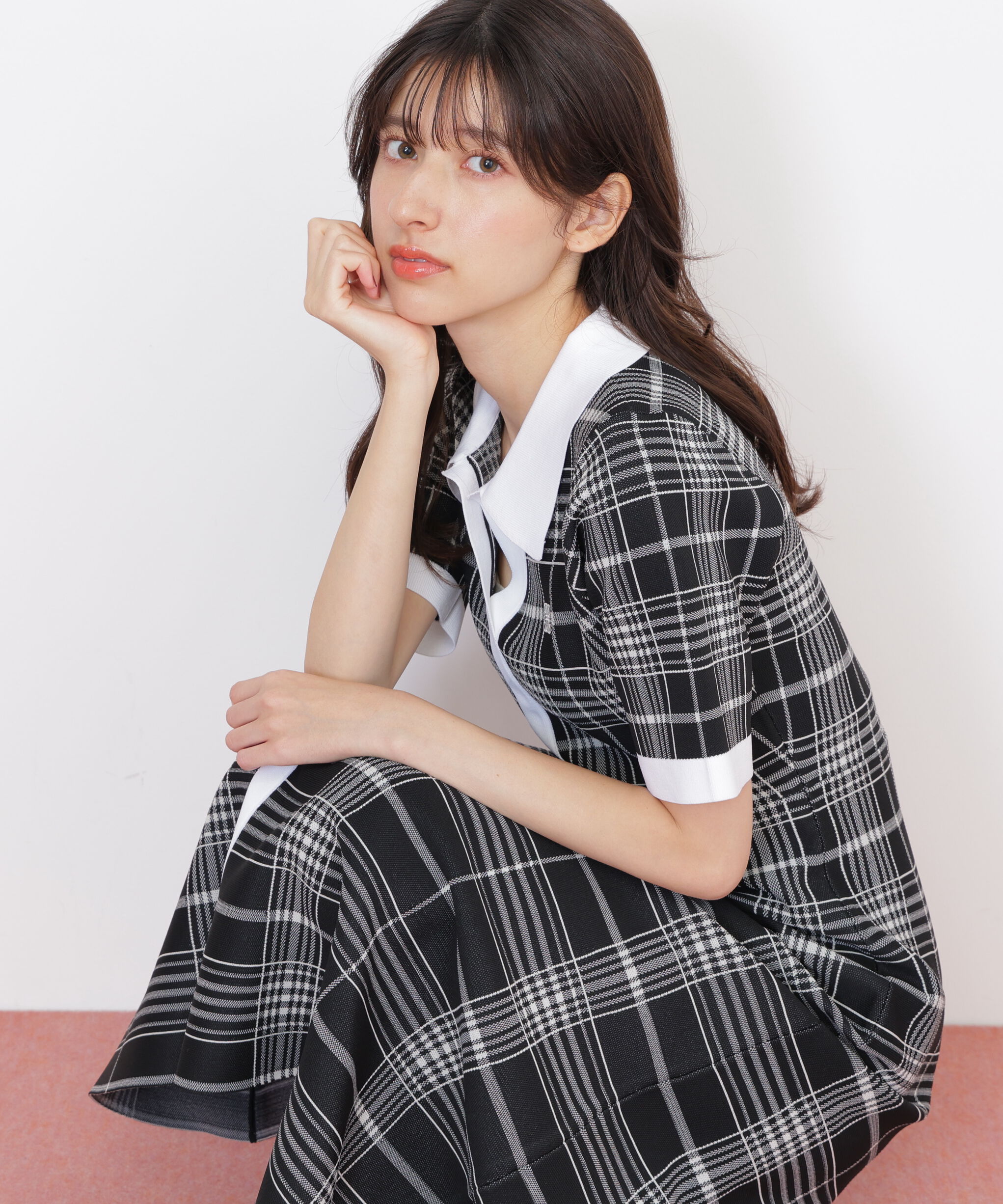  「ビッグチェックニットワンピース」|ワンピース|ブラック1